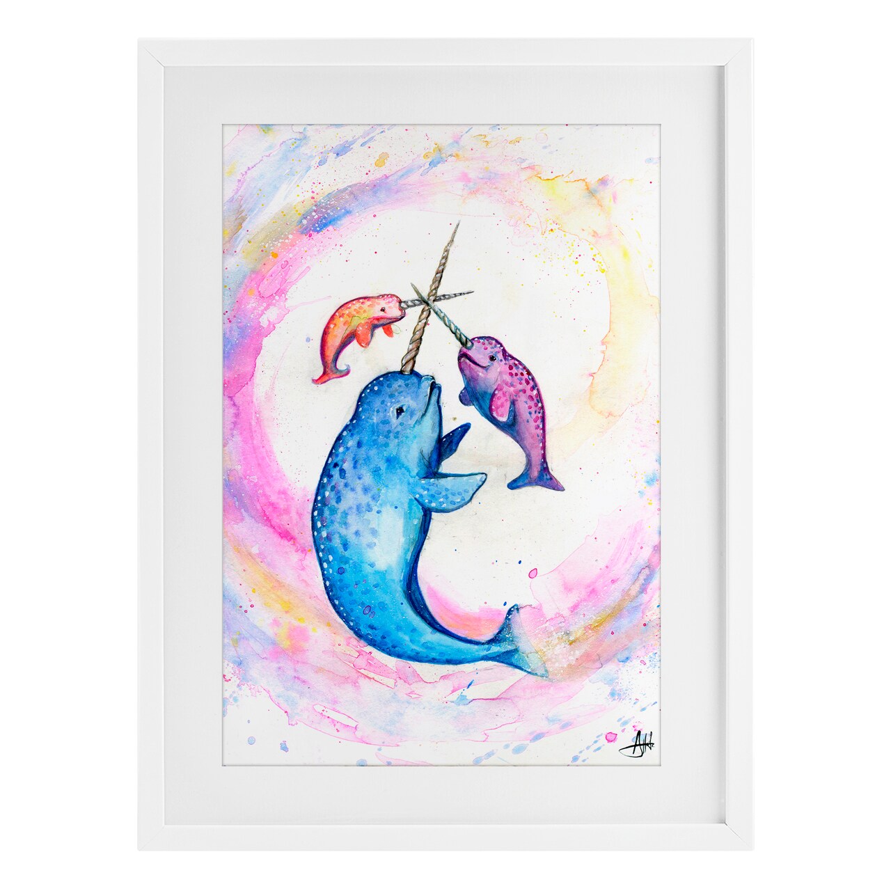 Stupell Industries Three Narwhals in Pastels Framed Print Under Glass, design by Marc Allante